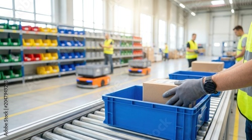 Warehouse workers packing boxes with automated robots, optimizing order picking process