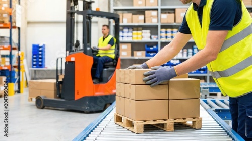 Warehouse workers moving boxes on conveyor and forklift, optimizing order picking process