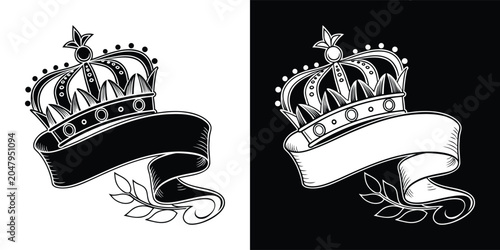 Canvas Print Detailed royal crown illustration featuring a decorative blank scroll banner