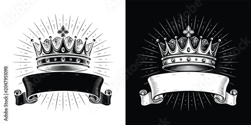 Foto Detailed royal crown illustration featuring a blank decorative scroll banner rib