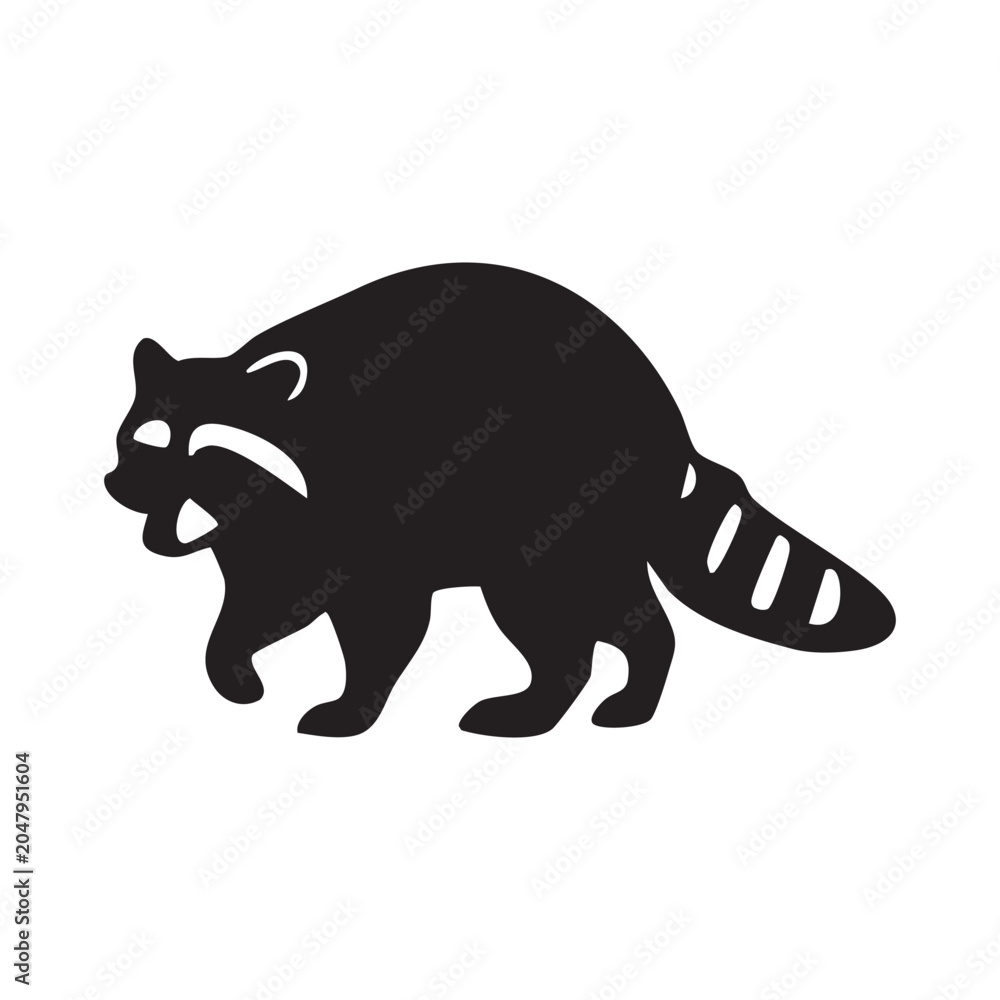 Fototapeta premium Black silhouette icon of a cute walking raccoon