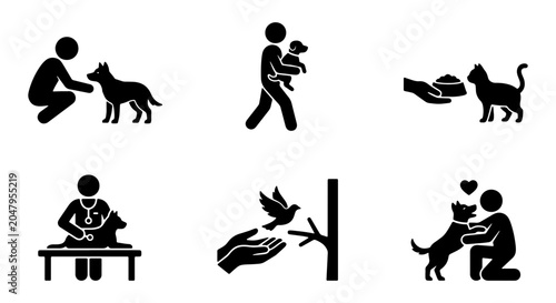 Tableau sur toile Pet Care Icons: Dog, Cat, Vet, Feeding, Love, 6 Simple Stick Figure Graphics for