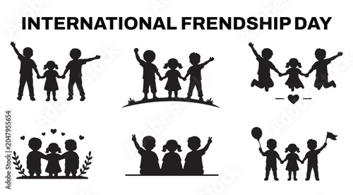 Bild auf Leinwand International Friendship Day Kids Silhouettes Vector Set