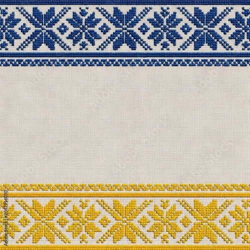 Ukrainian Embroidery Frame Background with Copy Space on Linen Fabric
