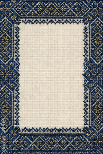 Ukrainian Embroidery Frame Background with Copy Space on Linen Fabric