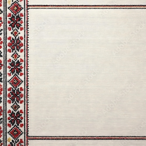 Ukrainian Embroidery Frame Background with Copy Space on Linen Fabric