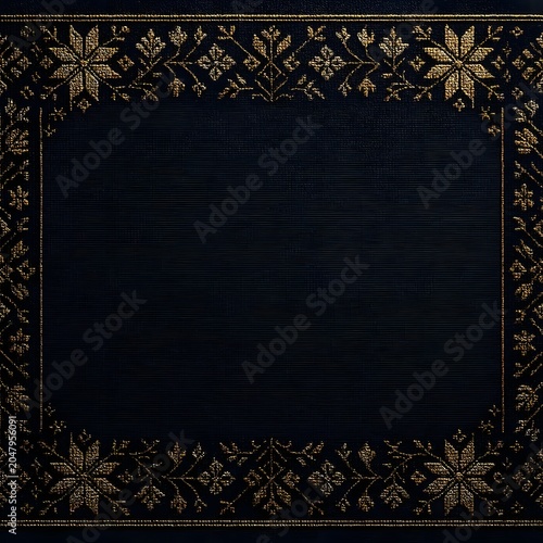 Ukrainian Embroidery Frame Background with Copy Space on Linen Fabric