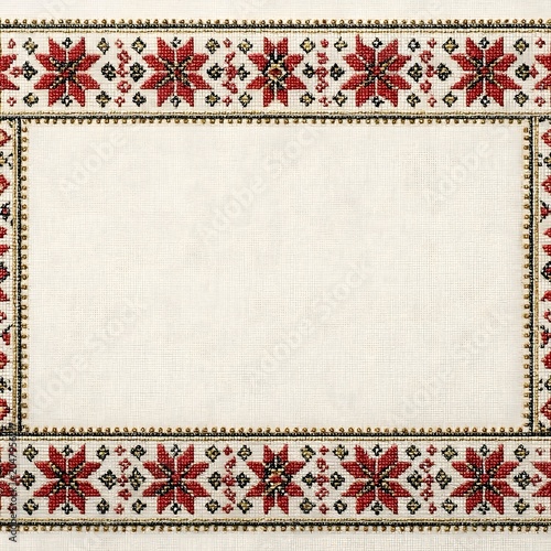 Ukrainian Embroidery Frame Background with Copy Space on Linen Fabric