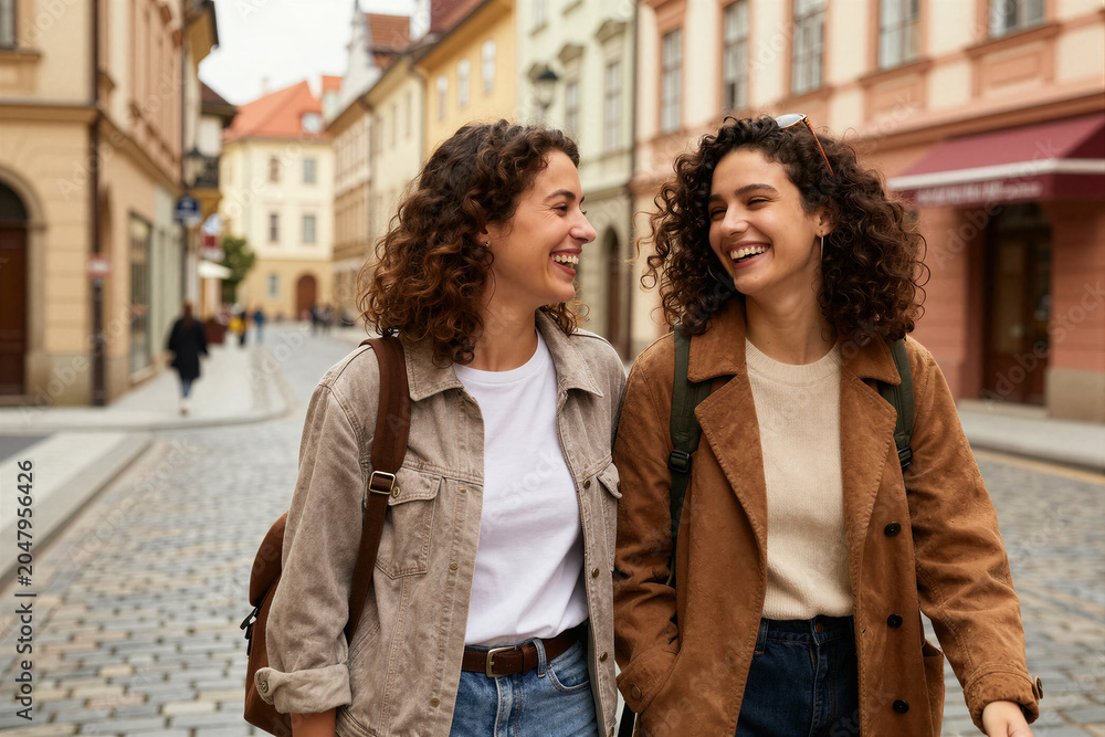 Fototapeta premium Two women walking and laughing on cobblestone city street