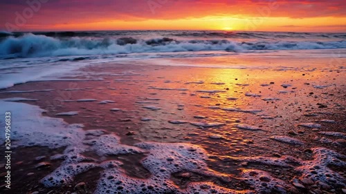 Breathtaking coastal sunset scene with waves gently rolling onto a tranquil sandy beach during golden hour