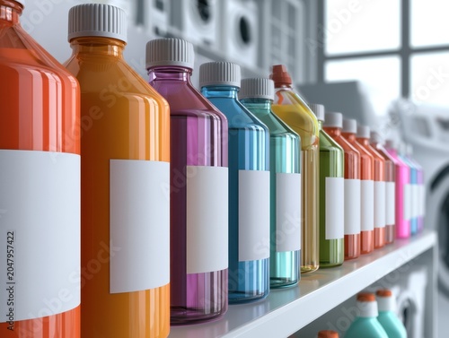 Colorful Bottles of Cleaning Products Lined Up on White Shelf in Laundry Room