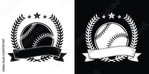 Wall Mural Detailed baseball emblem with laurel wreath and blank ribbon banner