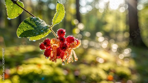 Morning dew glistens on vibrant red berries and green leaves in a sunlit forest scene, serene nature