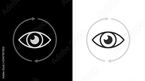 Monitoring Eye with Circular Arrows Animation showing a stylized eye surrounded by circular arrows, alternating between black and white backgrounds, symbolizing monitoring.