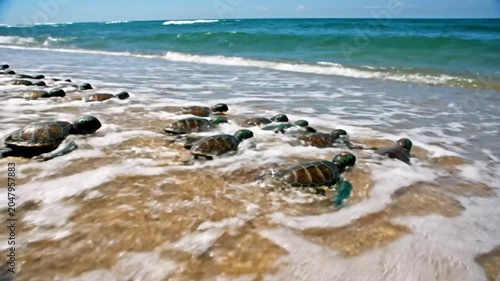Baby sea turtles hatching and racing towards the ocean on a sandy beach under a bright sunny day