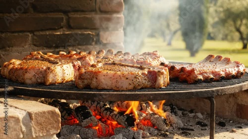 Delicious cuts of grilled meat cooking over glowing wood embers on a rustic outdoor barbecue