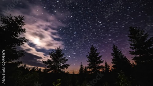 Time-lapse of starry night sky with star trails over silhouetted evergreen trees and colorful clouds