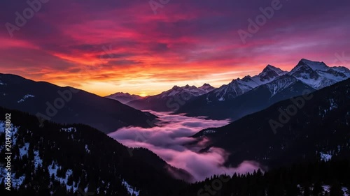Epic sunrise over mountain range with clouds in valley, beautiful vibrant landscape, scenic view