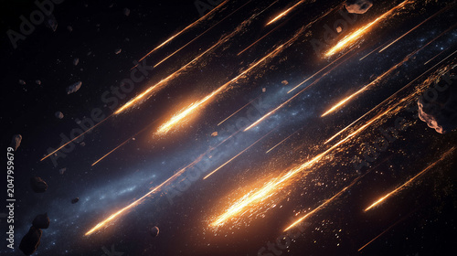 Meteor shower over deep space, blazing fireballs streaking through starry sky, cosmic debris entering atmosphere, astronomy science, asteroid fragments, celestial event, glowing tr