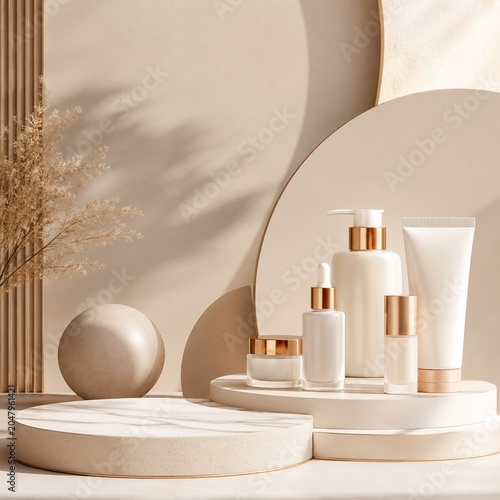 Cosmetic bottles mockup on beige round podiums with dried plants background