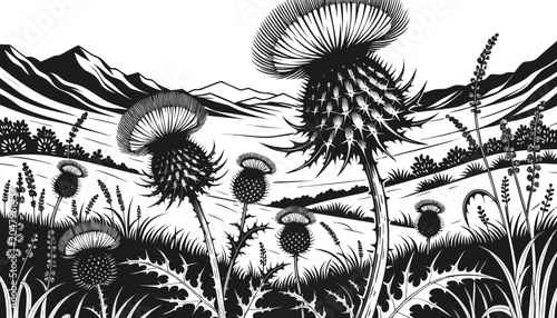 Bild auf Leinwand Very beautiful black-and-white engraved vector illustration featuring Milk Thist