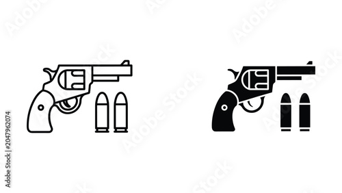 Fotografía Revolver handgun and bullets vector icon set in outline and solid black silhouet