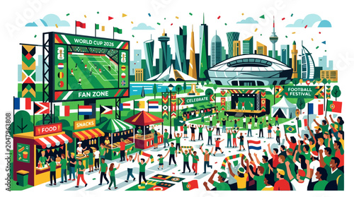 Colorful vector illustration of a crowded soccer fan zone festival with giant screen and city skyline. EPS Editable
