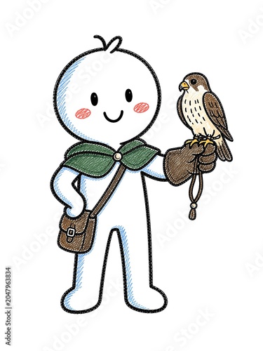 Cute doodle falconer character with leather glove holding falcon bird on hand