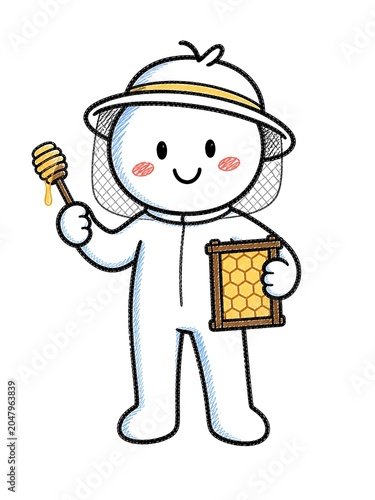 Cute doodle beekeeper character in veil hat holding honey dipper and honeycomb frame