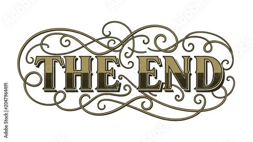 Foto Elegant decorative text art displaying the words THE END in a vintage, ornate font with swirling filigree accents