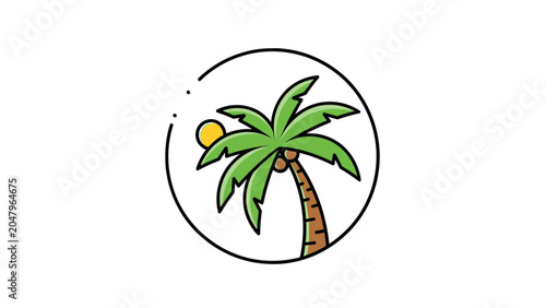 Billede på lærred A vibrant, stylized illustration of a palm tree with a bright yellow sun in the background, enclosed within a simple circular border