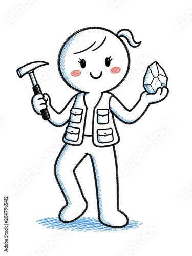 Cute doodle geologist character holding rock hammer and crystal mineral specimen