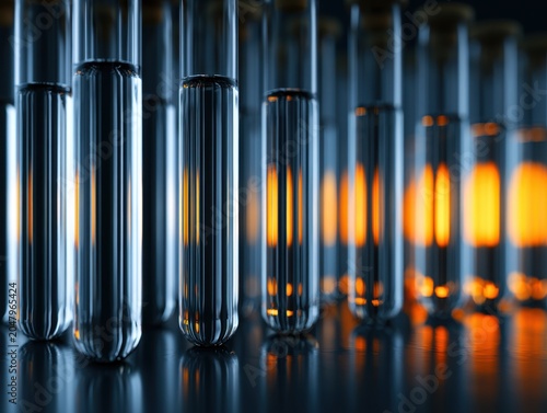 Abstract Glass Tubes Reflecting Warm Light in a Dark, Scientific Setting