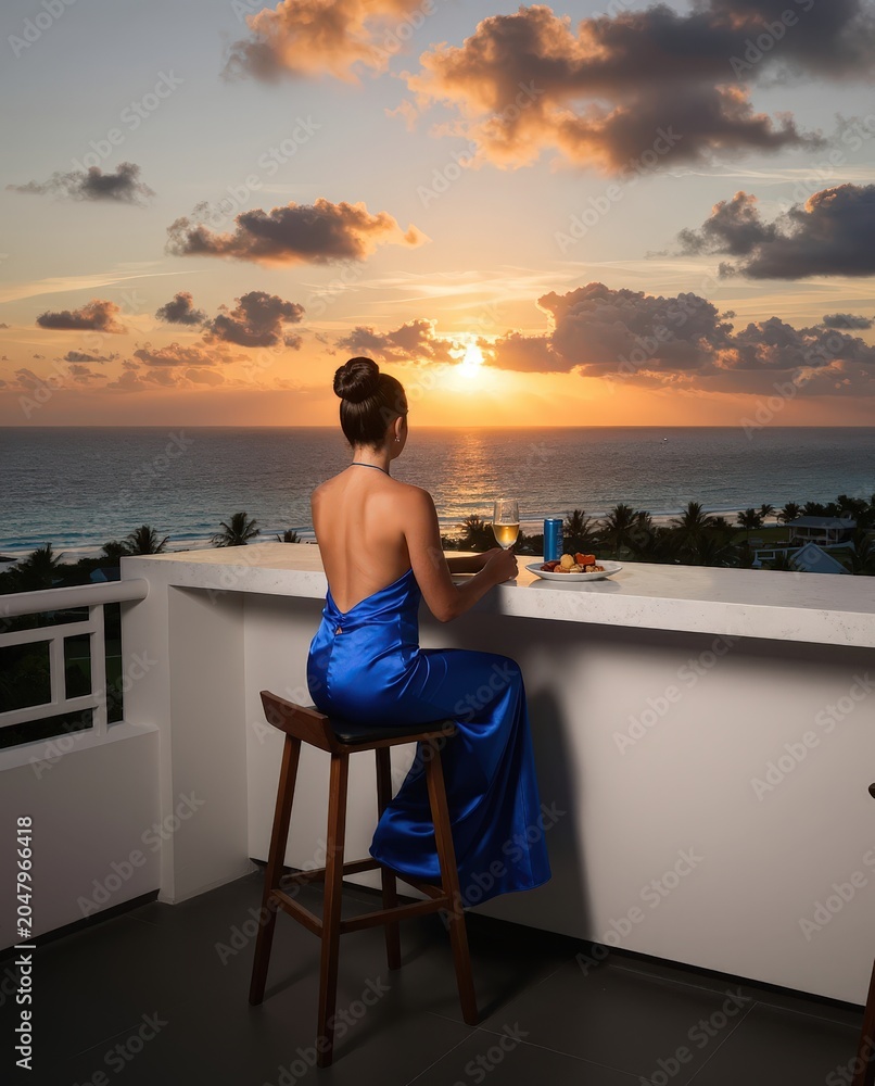 Fototapeta premium Woman in blue dress watches sunset from balcony with drink and food. Use: travel advertisement, resort brochure, lifestyle magazine.