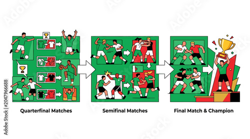 Soccer tournament bracket infographic showing progression from quarterfinal to semifinal and final match champion. EPS Editable