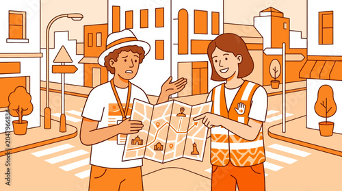 Vector illustration of a tourist asking a local guide for directions on a city street using a paper map. EPS Editable
