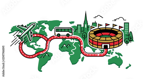 Vector illustration of a travel route across a world map with an airplane bus and sports stadium. EPS Editable