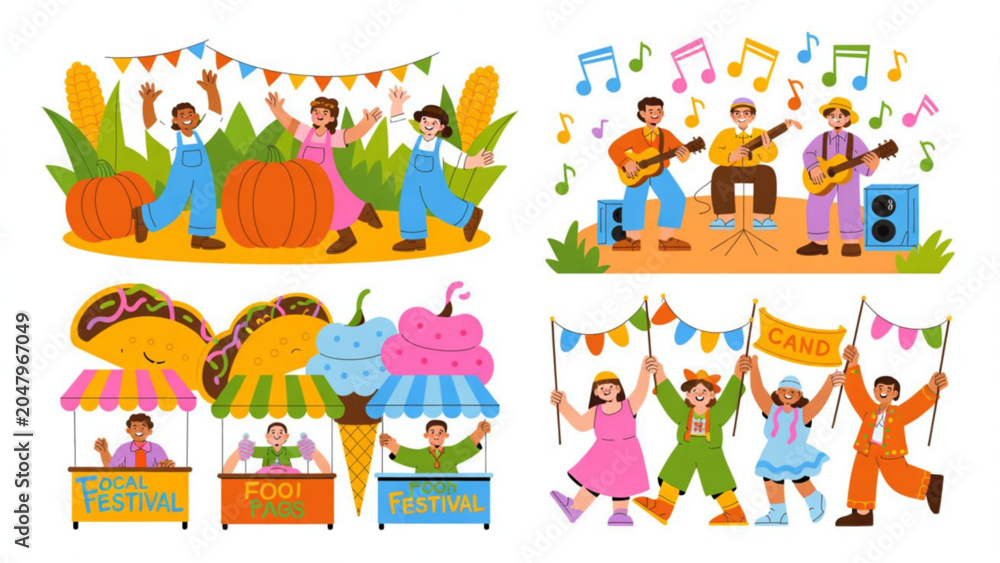Fototapeta premium Minimal Local Festival Line Art Vector Set – Community Celebration and Cultural Event Elements