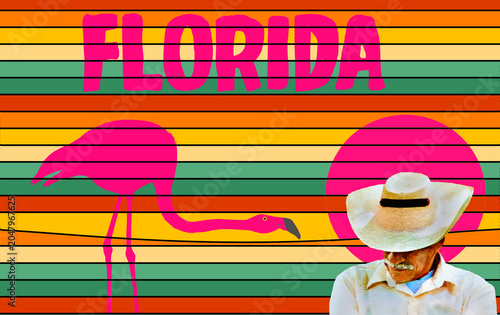 A Florida tourism sign with a flamingo and sunset is seen on a wall  with a watercolor painting of a Florida resident in a Panama hat stands in front of the sign in this 3-d illustration.