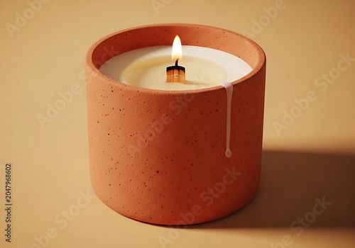 Lit candle in terracotta pot, cozy home decor item.