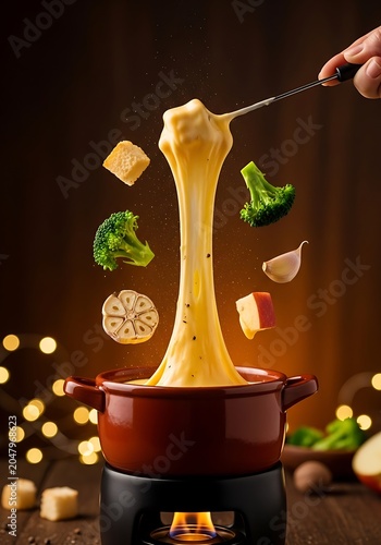 Traditional swiss cheese fondue pot with melting dipping vegetables in air.