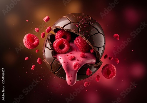 Broken chocolate sphere with liquid raspberry filling and fresh berries.