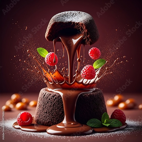 Exquisite chocolate lava cake with molten center and fresh red raspberries.