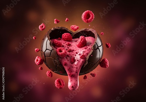 Heart shaped chocolate shell with oozing pink cream and ripe berries.