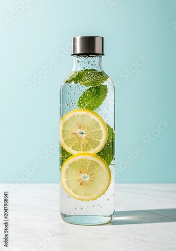 Glass water bottle with lemon slices and mint leaves on marble surface.