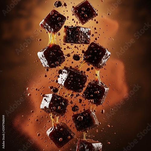 Floating caramel fudge cubes with sticky syrup and chocolate droplets.