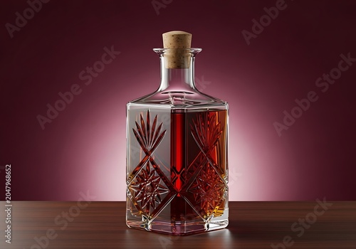 Elegant crystal decanter filled with amber liquid on dark wooden table.