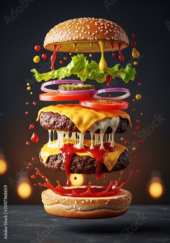 Exploded view of a delicious double cheeseburger with all ingredients.