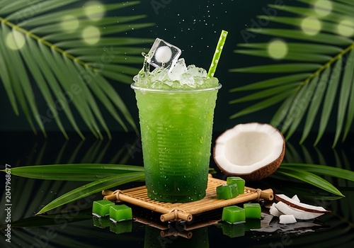 Green iced pandan coconut drink in a plastic cup with ice.
