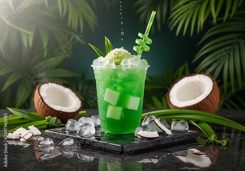 Refreshing green coconut pandan drink with ice cubes and tropical fruit.